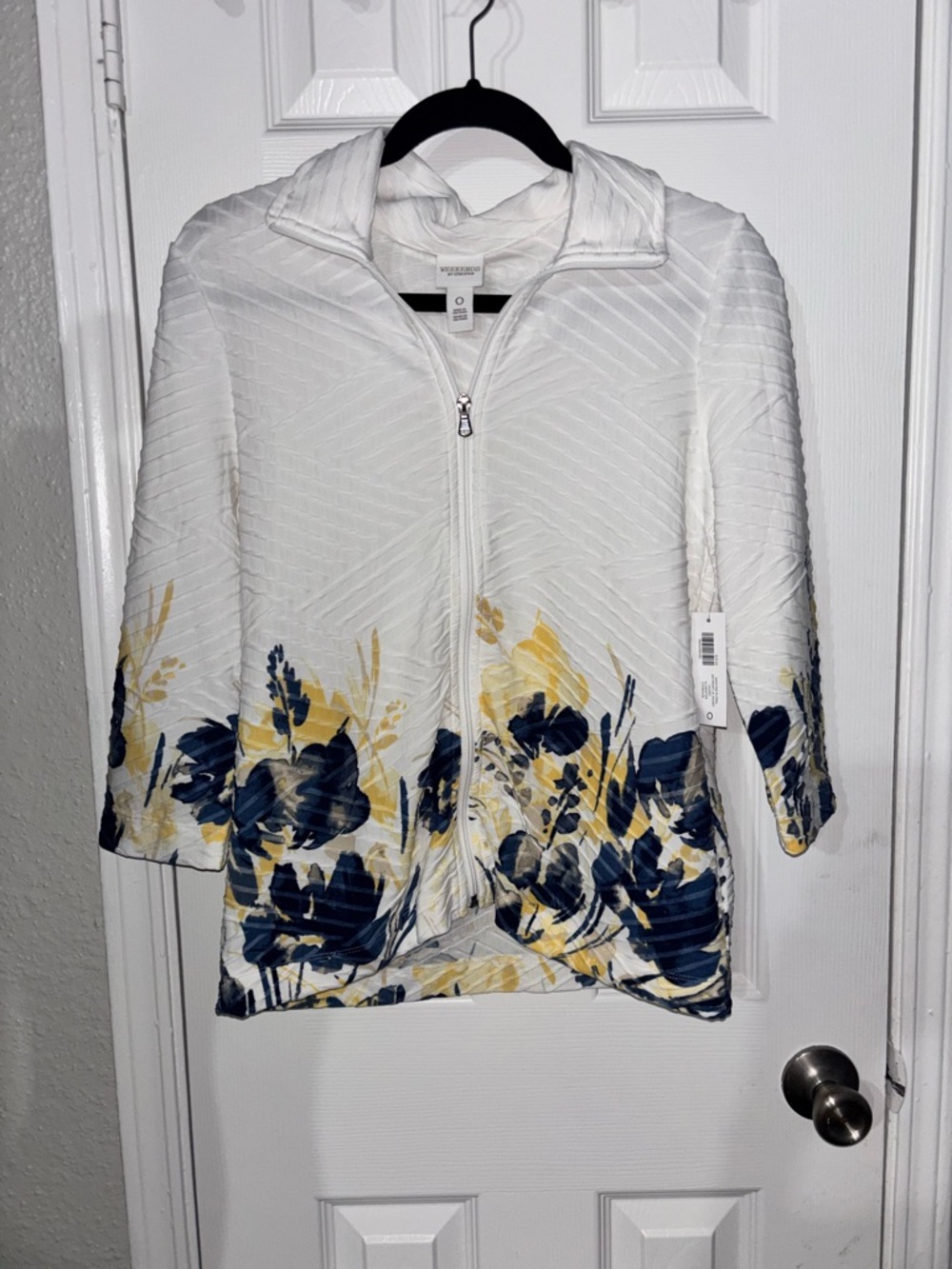 Chico's White Zip-Front Jacket with Navy & Yellow Floral Border